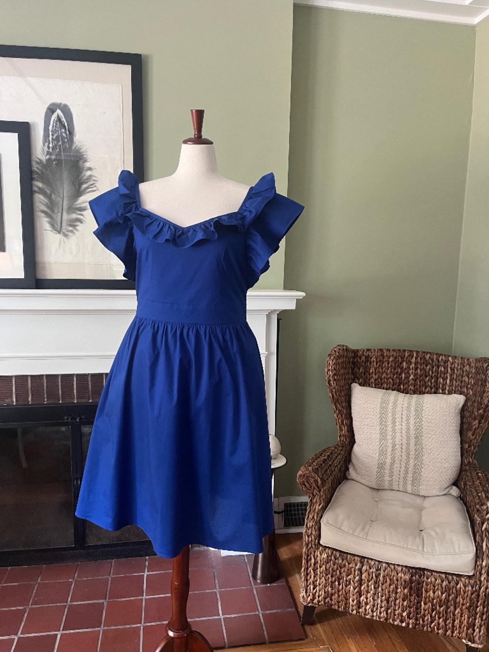 Maggy London Cobalt Cotton Poplin Ruffle Dress | Pockets | Size 14